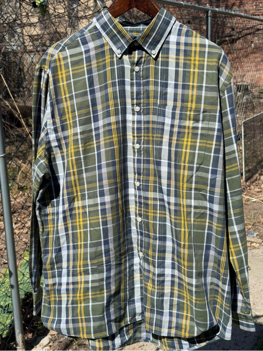 Classic Olive Green Plaid Button-Down Shirt with Yellow Stripes